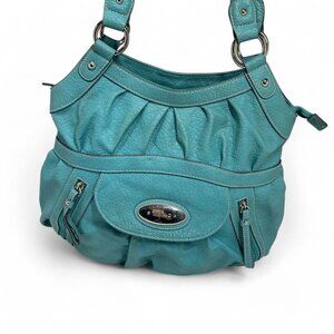 Strada Pleated Shoulder Bag Teal Blue Faux Leather Pink Lining 15"W x 12"H x 5"D